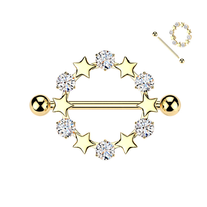 316L Surgical Steel Gold PVD White CZ & Star Full Circle Shield Nipple Ring - Pierced Universe