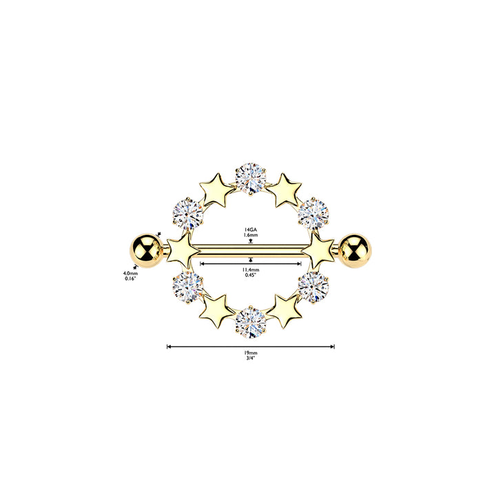 316L Surgical Steel Gold PVD White CZ & Star Full Circle Shield Nipple Ring - Pierced Universe