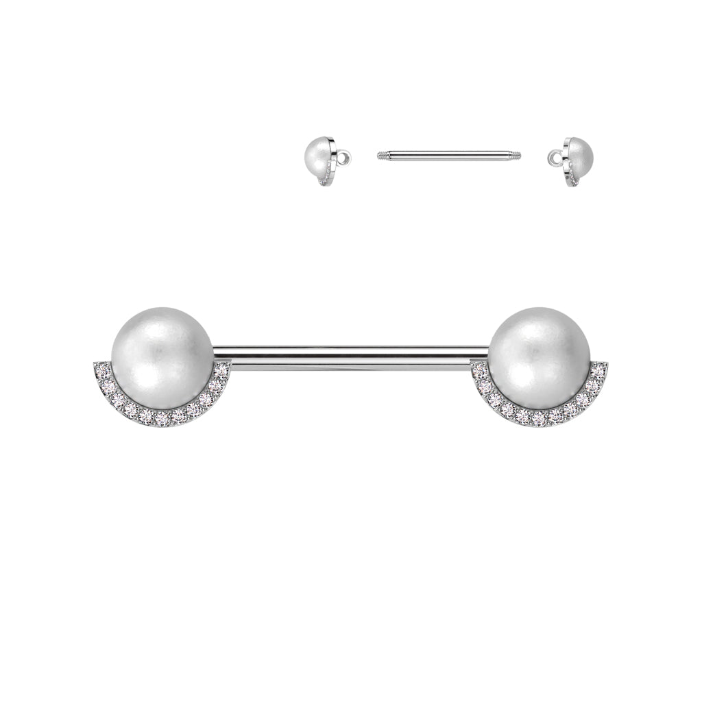 316L Surgical Steel White Pearl CZ Nipple Ring Straight Barbell