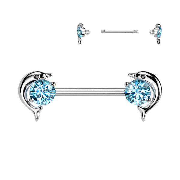 316L Surgical Steel Aqua CZ Dolphin Nipple Ring Straight Barbell - Pierced Universe