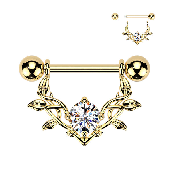 316L Surgical Steel Gold PVD Large White CZ Gem Vine Leaves Shield Nipple Ring Straight Barbell - Pierced Universe