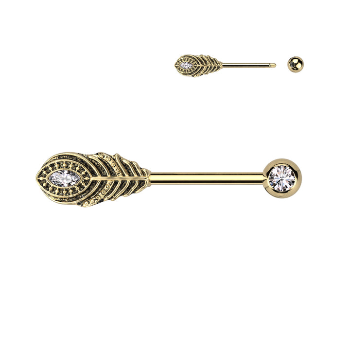 316L Surgical Steel Gold PVD White CZ Peacock Feather Nipple Ring Straight Barbell - Pierced Universe