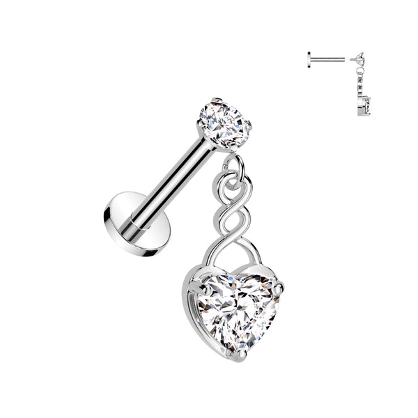 316L Surgical Steel White CZ Internally Threaded Heart Dangle Flat Back Labret