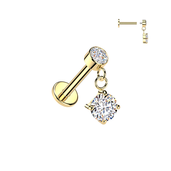 316L Surgical Steel Gold PVD White CZ Circle Gem Dangle Internally Threaded Flat Back Labret - Pierced Universe