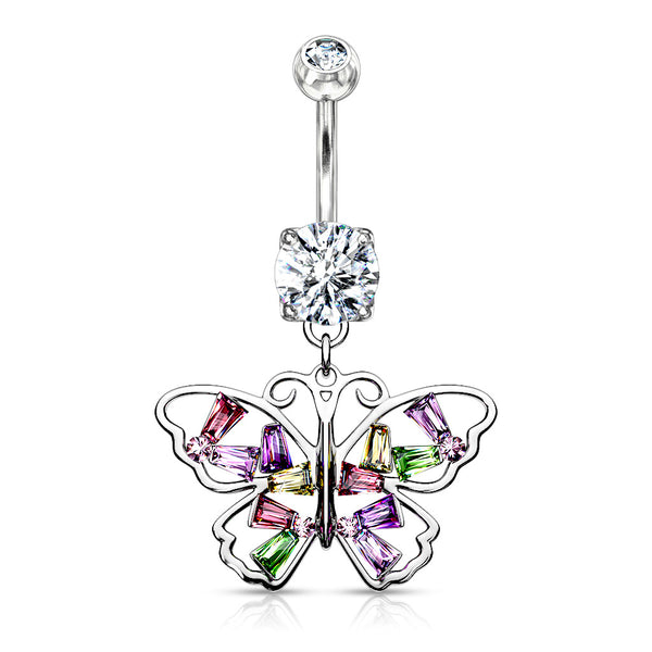 316L Surgical Steel Large Multi Colour Gem Butterfly Dangle Belly Ring - Pierced Universe