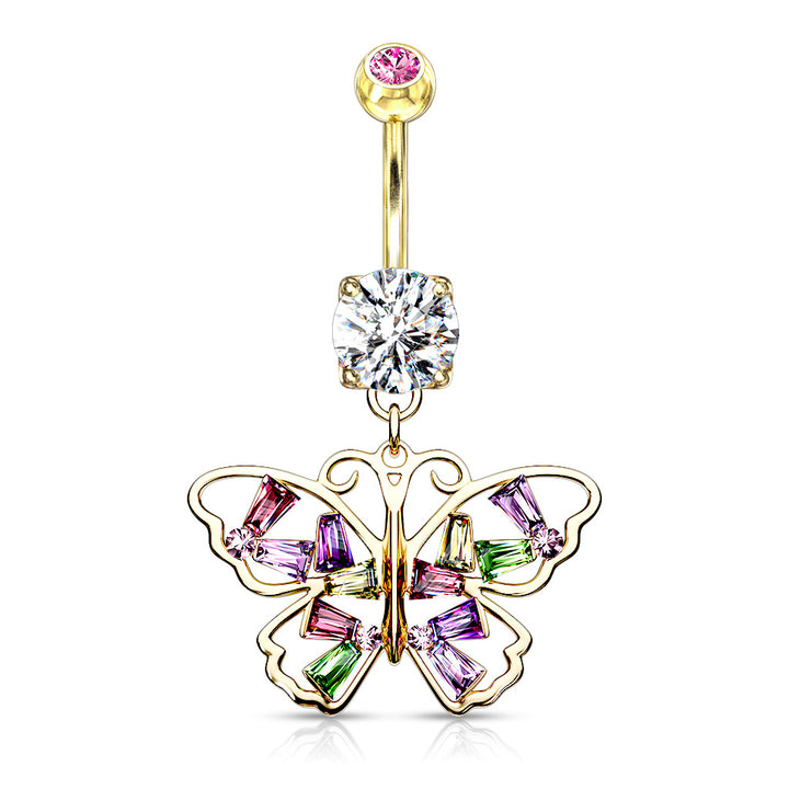 316L Surgical Steel Gold PVD Large Multi Colour Gem Butterfly Dangle Belly Ring - Pierced Universe