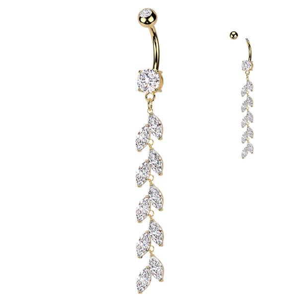 316L Surgical Steel Gold PVD Long White CZ Vine Dangle Belly Ring - Pierced Universe
