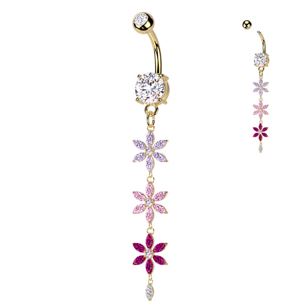 316L Surgical Steel Gold PVD Purple Pink & Red CZ Gem Flower Dangle Belly Ring