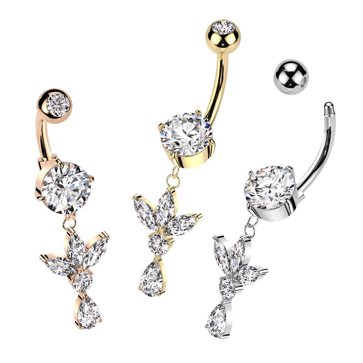 316L Surgical Steel Gold PVD White CZ Lotus With Teardrop Dangle Belly Ring - Pierced Universe