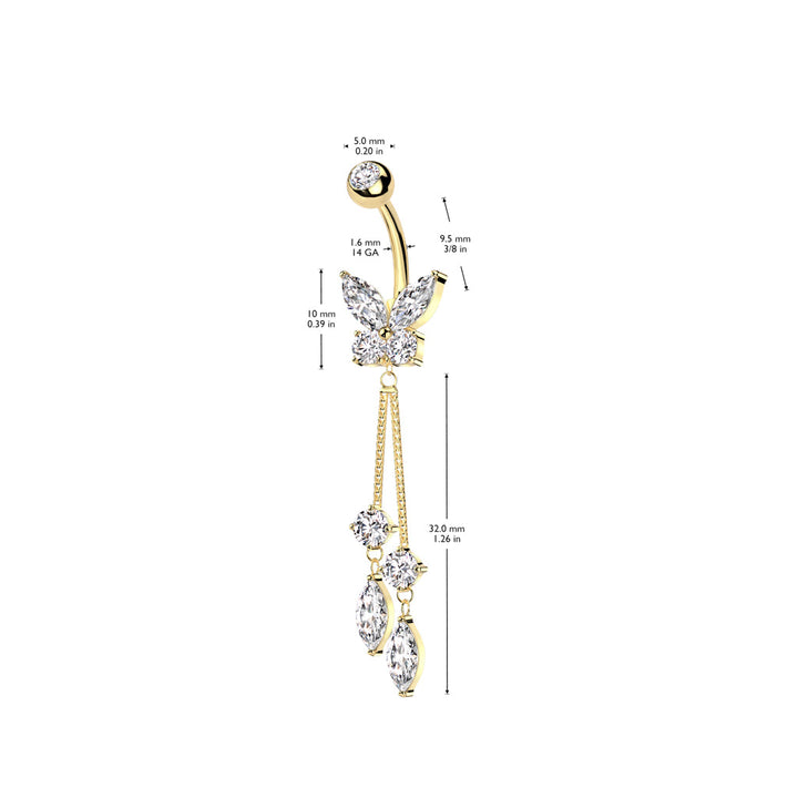 316L Surgical Steel Rose Gold PVD White CZ Butterfly With Long Chain Marquise CZ Dangle Belly Ring - Pierced Universe