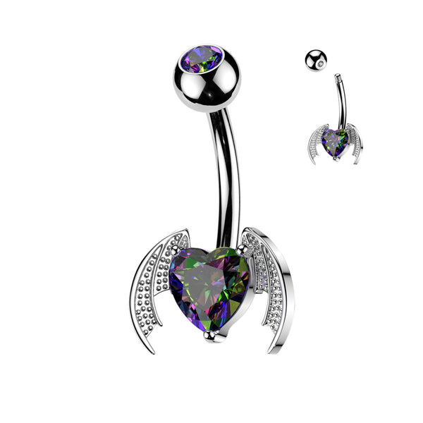316L Surgical Steel Vitrail Medium CZ Heart With Wings Stud Belly Ring - Pierced Universe