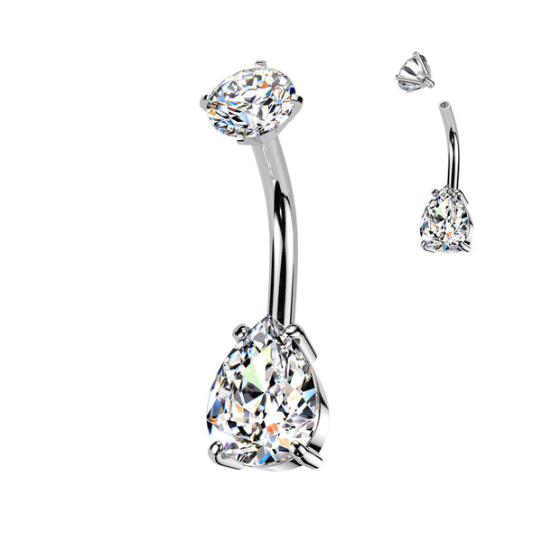 316L Surgical Steel White CZ Teardrop Internally Threaded Belly Ring - Pierced Universe