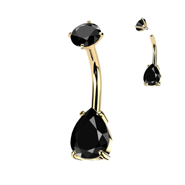 316L Surgical Steel Gold PVD Black CZ Teardrop Internally Threaded Belly Ring - Pierced Universe