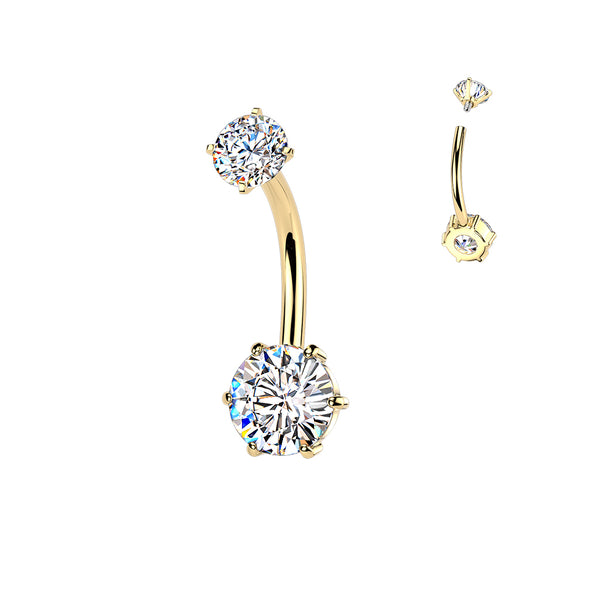 316L Surgical Steel Gold PVD White CZ Internally Threaded 6 Prong Classic Circle Belly Ring - Pierced Universe