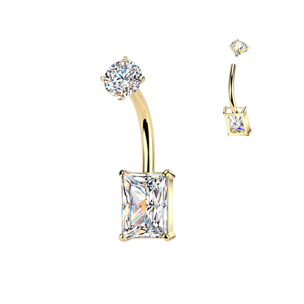 316L Surgical Steel Gold PVD White CZ Rectangle Square Internally Threaded Belly Ring - Pierced Universe