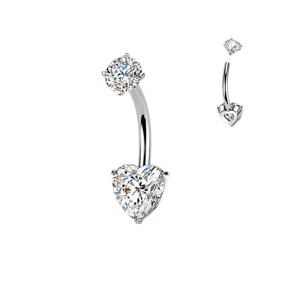316L Surgical Steel Heart Shaped Dainty White CZ Internally Threaded Belly Ring