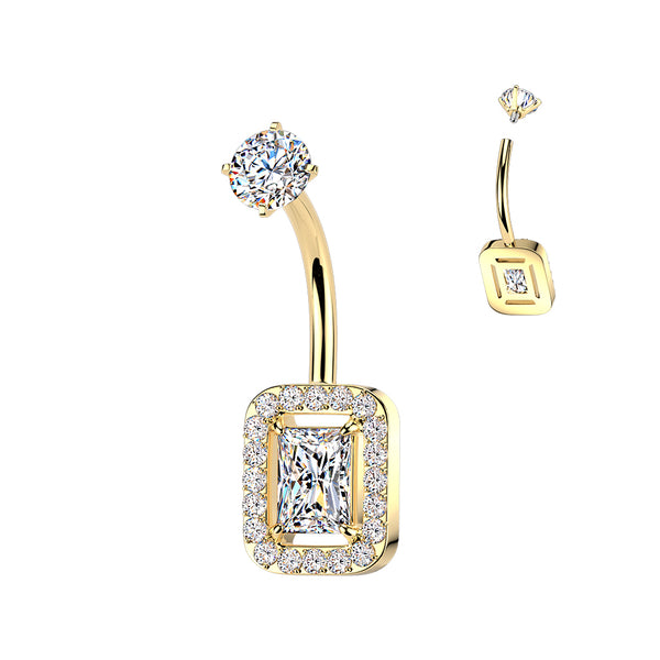 316L Surgical Steel Gold PVD White CZ Rectangle Pave Gem Internally Threaded Belly Ring - Pierced Universe
