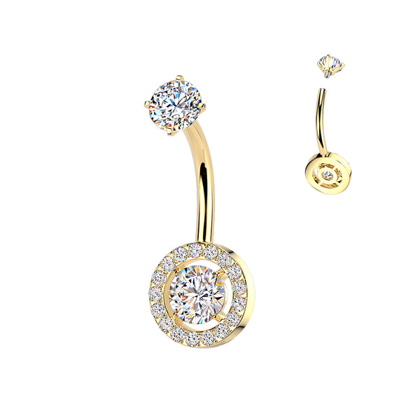 316L Surgical Steel Gold PVD White CZ Circle Pave Gem Internally Threaded Belly Ring - Pierced Universe