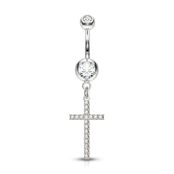 316L Surgical Steel White CZ Thin Cross Dangly Belly Ring - Pierced Universe