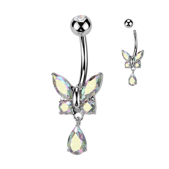 316L Surgical Steel Aurora Borealis CZ Butterfly Tear Drop Dangle Belly Ring - Pierced Universe