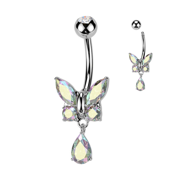 316L Surgical Steel Aurora Borealis CZ Butterfly Tear Drop Dangle Belly Ring - Pierced Universe