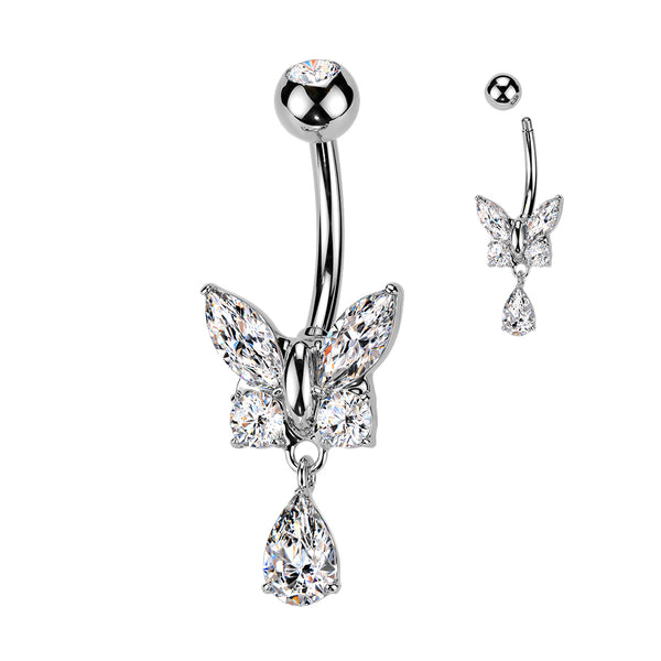 316L Surgical Steel White CZ Butterfly Tear Drop Dangle Belly Ring - Pierced Universe