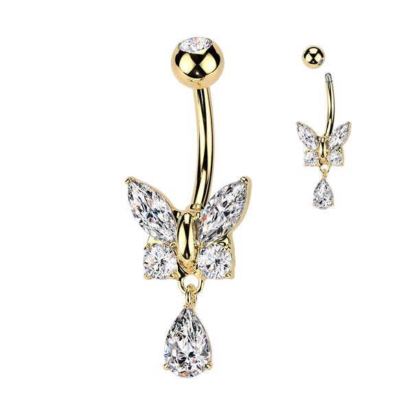 316L Surgical Steel Gold PVD White CZ Butterfly Tear Drop Dangle Belly Ring - Pierced Universe