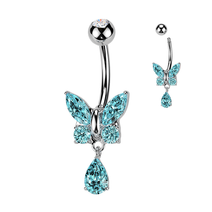 316L Surgical Steel Aqua CZ Butterfly Tear Drop Dangle Belly Ring - Pierced Universe