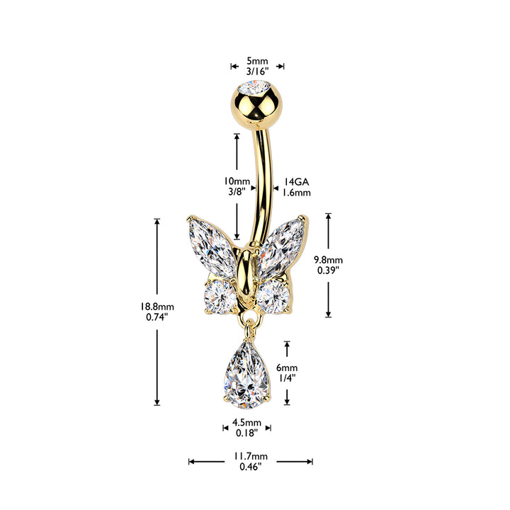 316L Surgical Steel Aqua CZ Butterfly Tear Drop Dangle Belly Ring - Pierced Universe