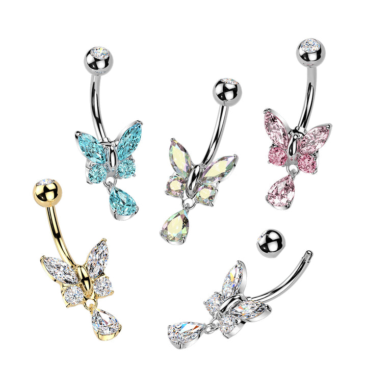 316L Surgical Steel Aqua CZ Butterfly Tear Drop Dangle Belly Ring - Pierced Universe
