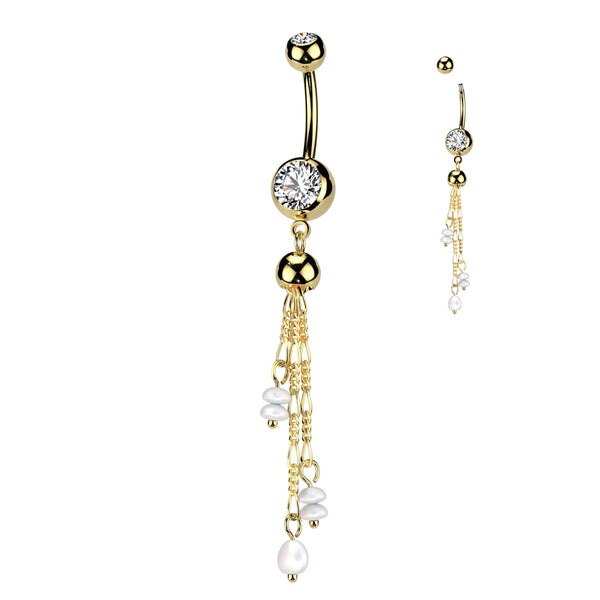 316L Surgical Steel Gold PVD White CZ & Pearl Long Dangly Belly Ring