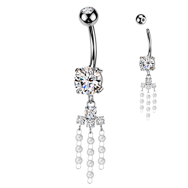 316L Surgical Steel White CZ & Pearl Dangle Belly Ring - Pierced Universe