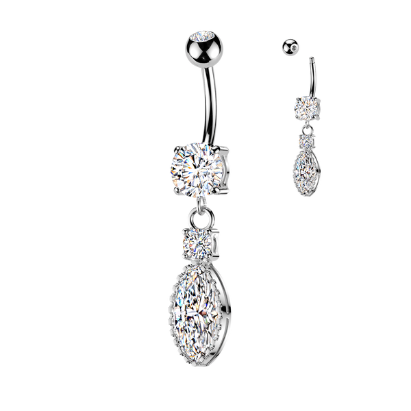 316L Surgical Steel White CZ Circle and Marquise Dangle Belly Ring