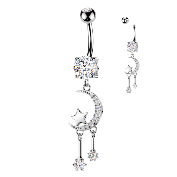 316L Surgical Steel White CZ Crescent Moon And Star Gem Dangle Belly Ring