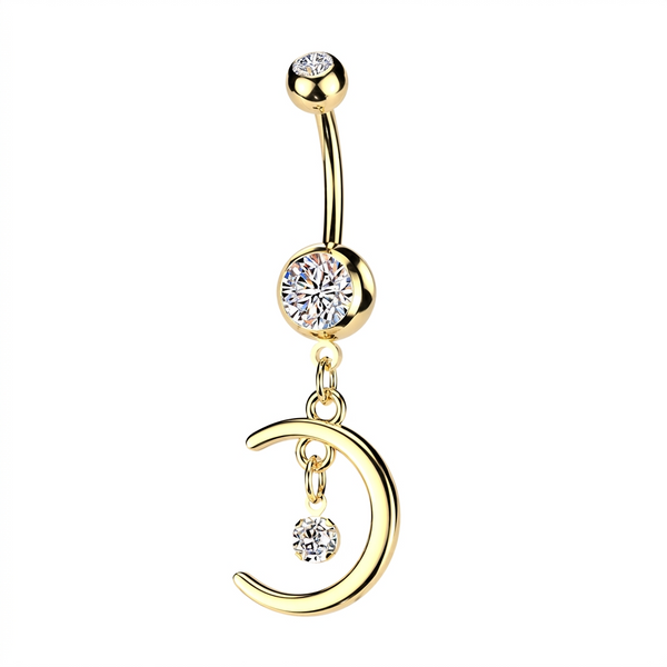 316L Surgical Steel Gold PVD White CZ Crescent Moon With Bezel Gem Dangly Belly Ring