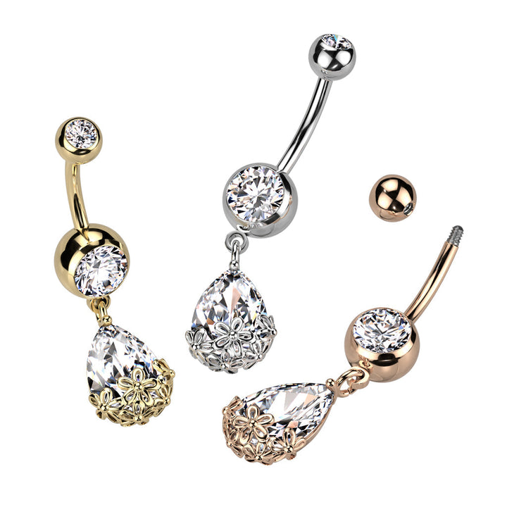 316L Surgical Steel Rose Gold PVD White CZ Teardrop With Flowers Dangly Belly Ring - Pierced Universe