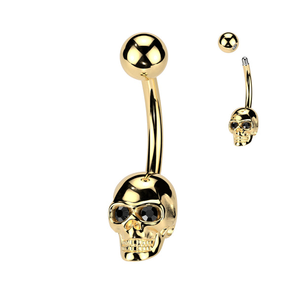316L Surgical Steel Gold PVD Black CZ Eyes Skull Non Dangle Belly Ring - Pierced Universe