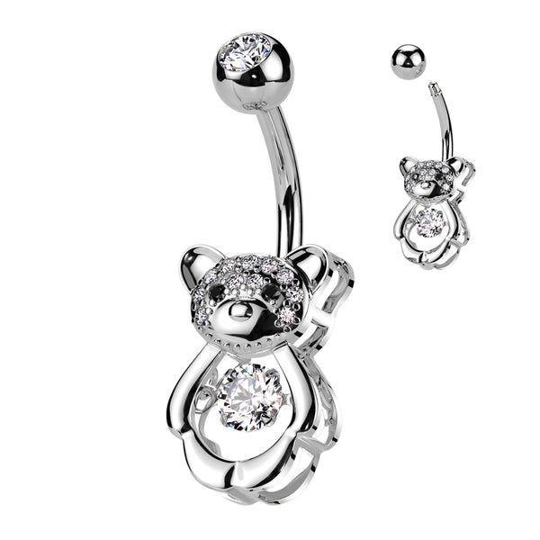 316L Surgical Steel White CZ Gem Teddy Bear Belly Ring - Pierced Universe