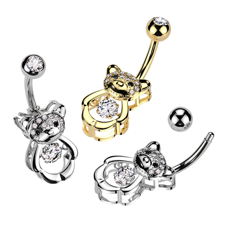 316L Surgical Steel White CZ Gem Teddy Bear Belly Ring - Pierced Universe