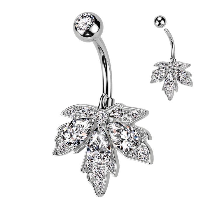 316L Surgical Steel White CZ Multi-Gem Large Leaf Design Belly Ring - Pierced Universe