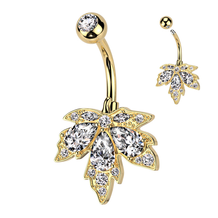 316L Surgical Steel Gold PVD White CZ Multi-Gem Large Leaf Design Belly Ring - Pierced Universe