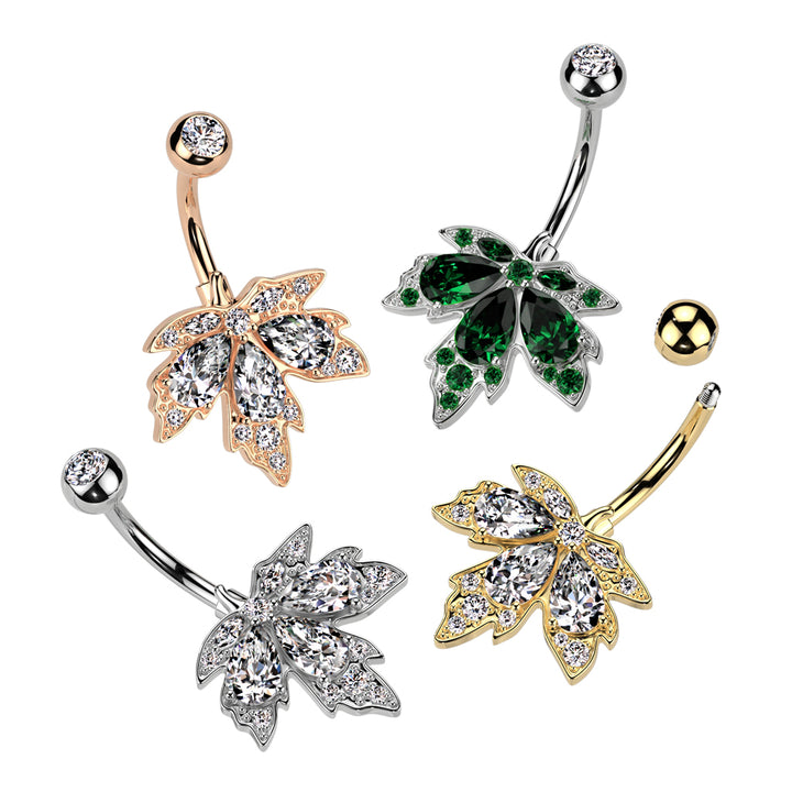 316L Surgical Steel White CZ Multi-Gem Large Leaf Design Belly Ring - Pierced Universe