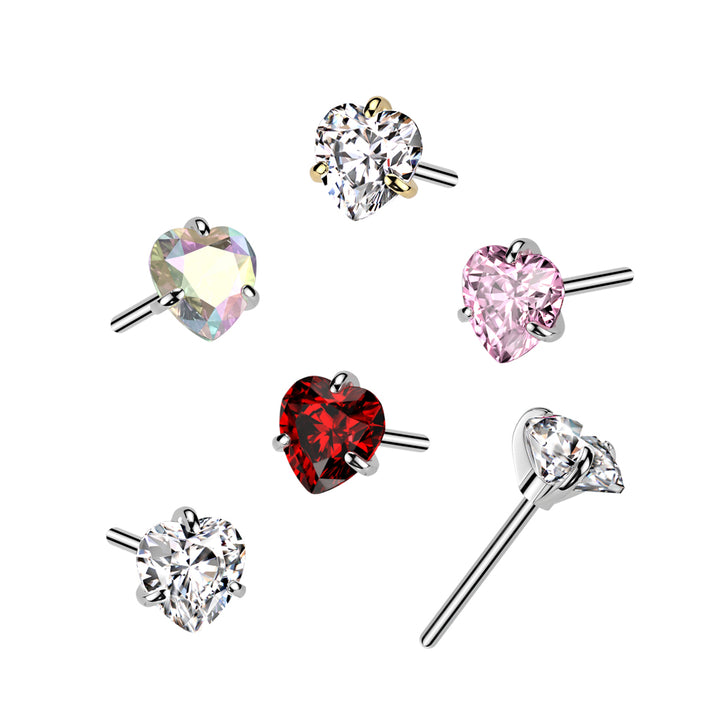 Implant Grade Titanium Threadless Push In Red CZ Heart Nose Ring With Flat Back - Pierced Universe