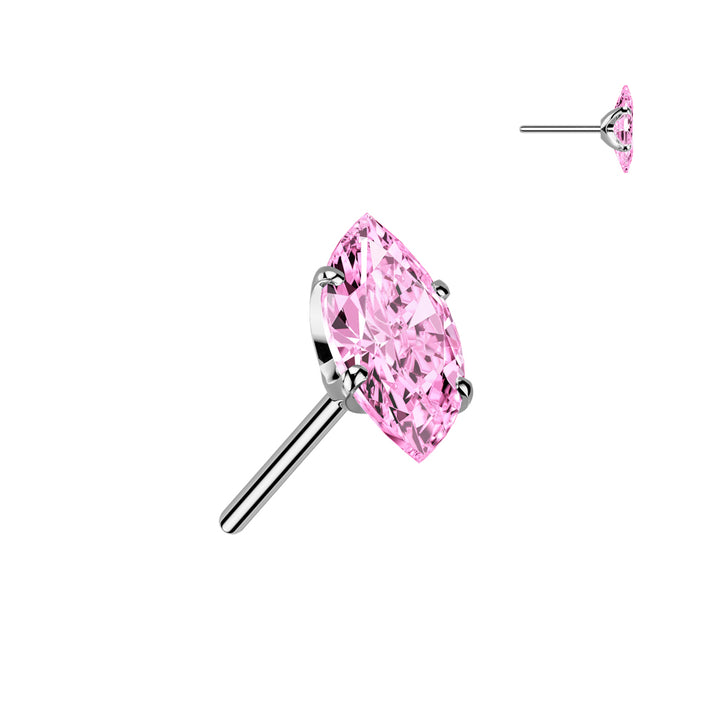 Implant Grade Titanium Pink CZ Clawed Marquise Gem Push In Threadless Labret With Flat Back - Pierced Universe