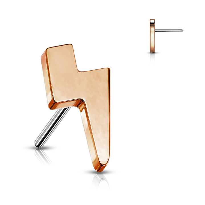 Implant Grade Titanium Threadless Push In Tragus/Cartilage Rose Gold PVD Lightening Bolt Stud With Flat Back - Pierced Universe