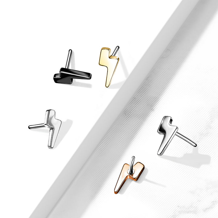 Implant Grade Titanium Threadless Push In Tragus/Cartilage Rose Gold PVD Lightening Bolt Stud With Flat Back - Pierced Universe