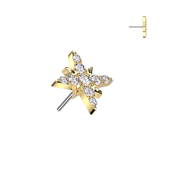 Implant Grade Titanium Gold PVD White CZ Large Starburst Push In Threadless Labret With Flat Back - Pierced Universe