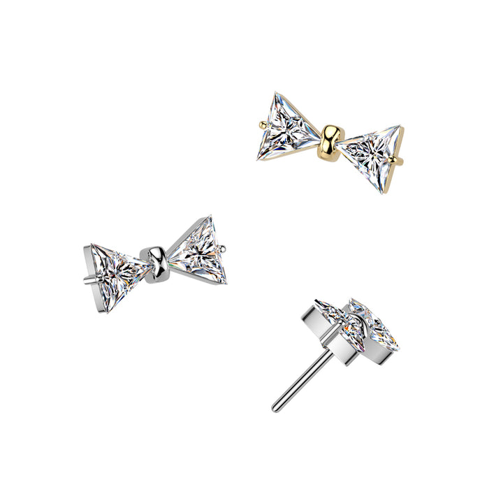 Implant Grade Titanium Gold PVD White CZ Bow Push In Threadless Labret With Flat Back - Pierced Universe