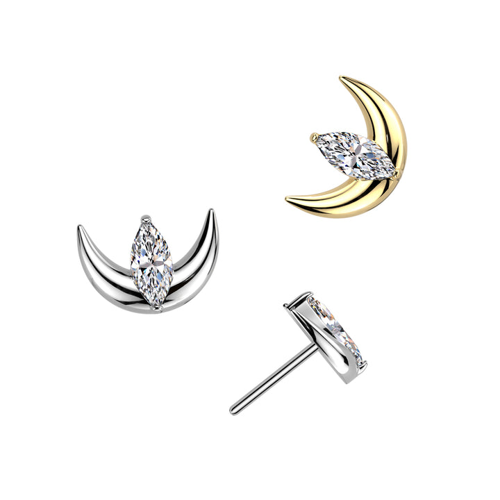 Implant Grade Titanium Gold PVD White CZ Marquise With Crescent Moon Threadless Labret With Flat Back - Pierced Universe