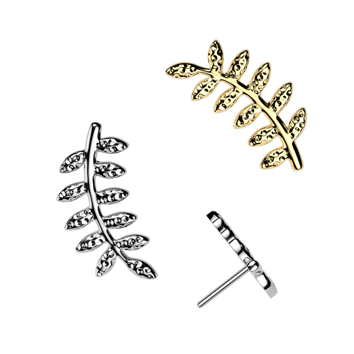 Implant Grade Titanium Gold PVD Curved Textured Leaf Push In Threadless Labret With Flat Back - Pierced Universe